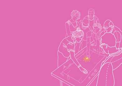 Artwork with humans standing around a table discussing something