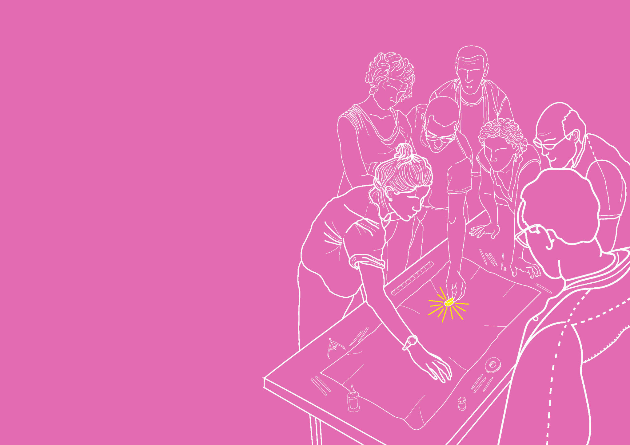 Artwork with humans standing around a table discussing something